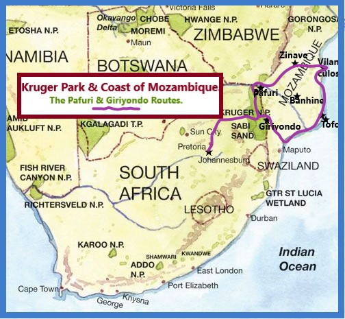 Map of the route from Kruger National Park to the Mozambique coast via the Pafuri and Giriyondo borders